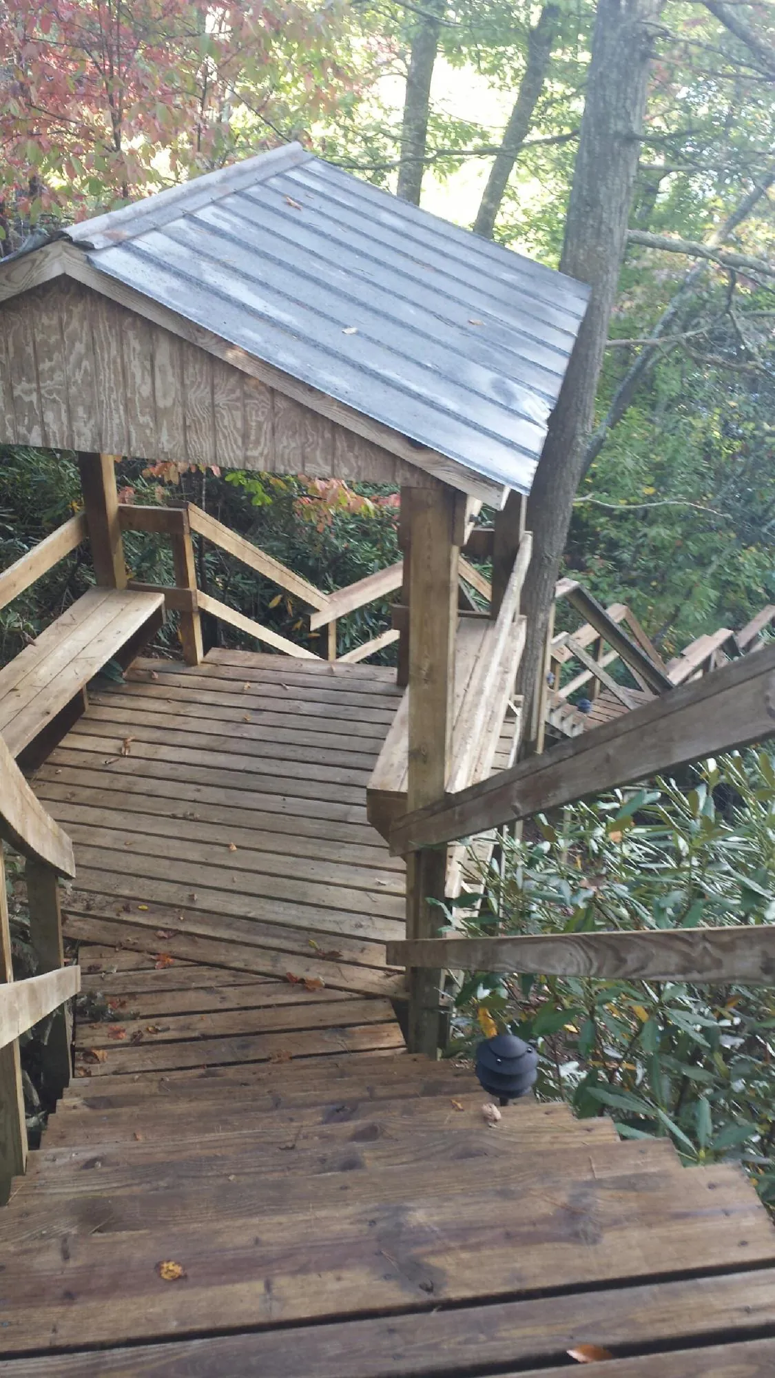 Metal roofed shelter over wooden steps on a wooded walkway — Skylight Repair & Installation work by our crew in Steptoe